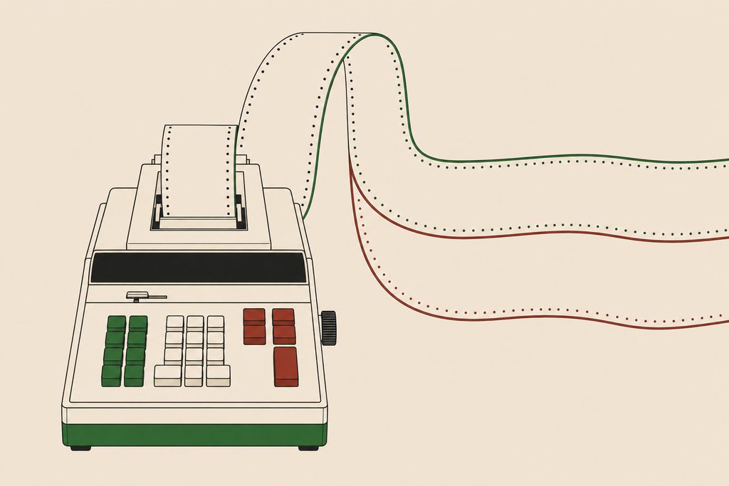 A desk adding machine with its paper tape splitting into two ribbons of equal width, one green and one red.