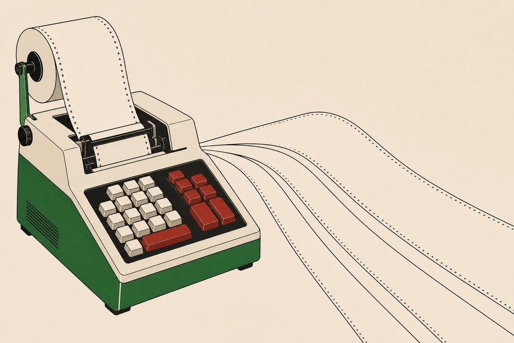One paper tape entering a machine and emerging as four tapes of different widths.