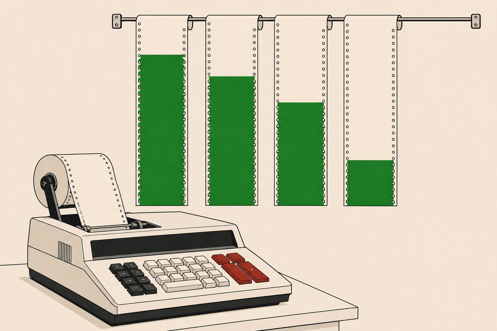 Four paper tapes hanging from a rail, each filled with green to a different height.